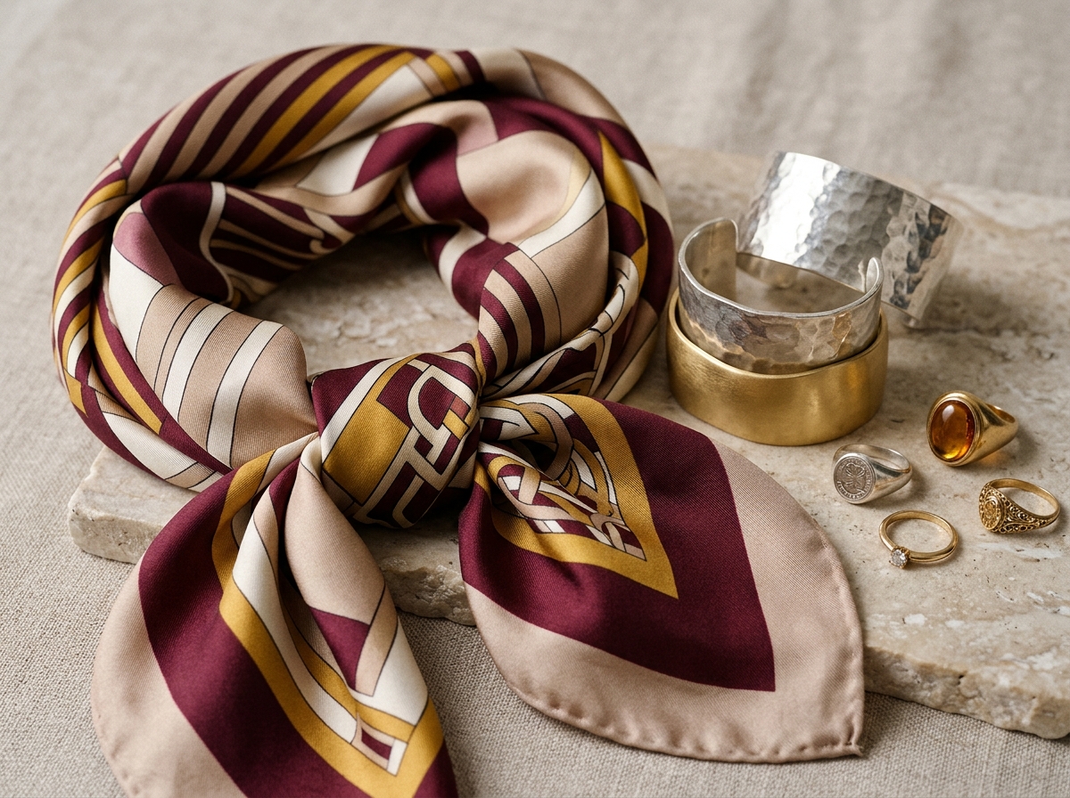 Lenços de seda pura e composições de pulseiras e anéis